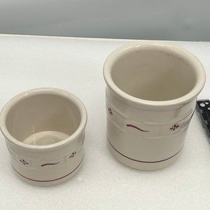Lot of 2 Longaberger Pottery Woven Tradition Utensil CROCK Ivory Red Made USA